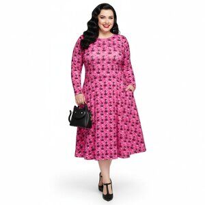 Plus Size Retro Pink Cat Print Long Sleeve Dress with Pockets